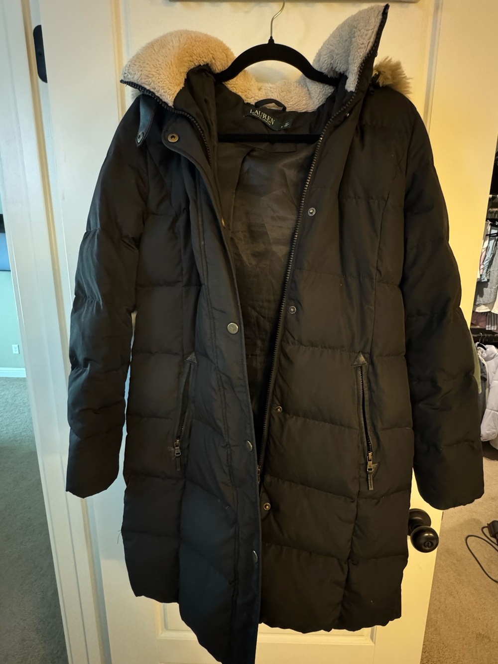 Lauren Ralph Lauren Black Down Coat with Sherpa Trim